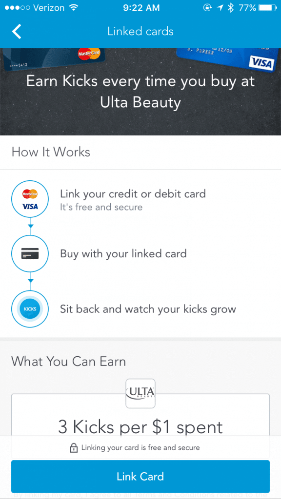 ulta beauty linked card rewards in shopkick app