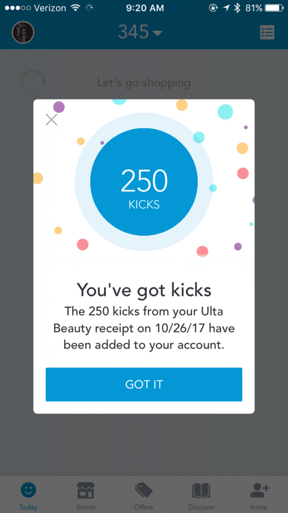 ulta beauty kicks from submitted receipts for purchased items in shopkick app